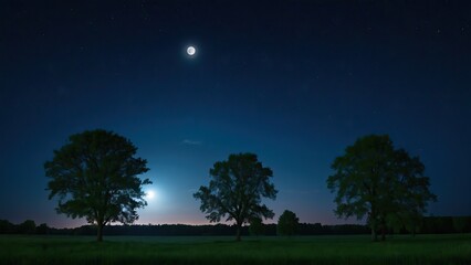 Naklejka premium Moon shining over trees growing in a field at night