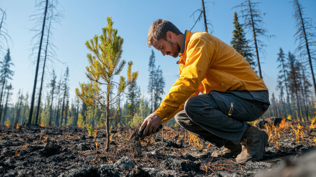 Dedicated male volunteer planting seedling in charred forest. concept of reforestation, environmental recovery, conservation efforts, nature restoration
