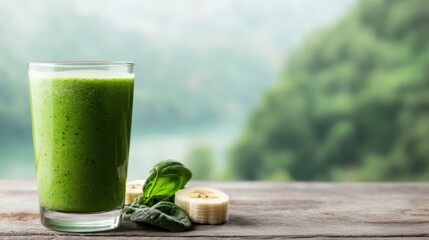 A refreshing green smoothie with spinach and banana, surrounded by nature, capturing the essence of health and vitality in a vibrant outdoor setting.
