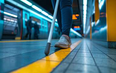 Fototapeta premium A close-up of a person using a cane while walking along a tactile guiding line in a subway station. A concept of accessibility, independence, and mobility support.