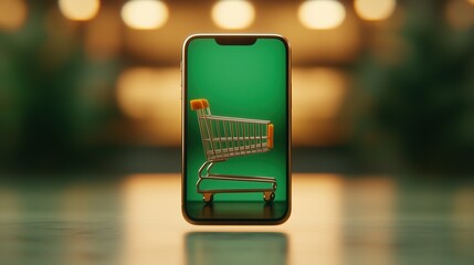 Shopping cart displayed on smartphone screen signifies online retail and digital commerce trends in modern consumerism