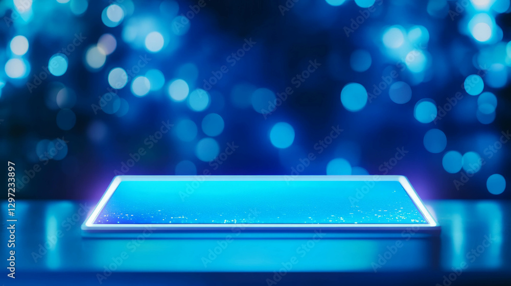 Poster futuristic podium display with illuminated blue background for tech presentations