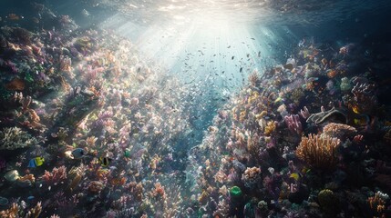 Vibrant coral reef teeming with colorful fish and marine life, illuminated by sunlight penetrating the water.
