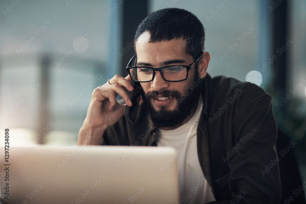Poster creative man, night and laptop with phone call for web service, online advice or assistance at offic