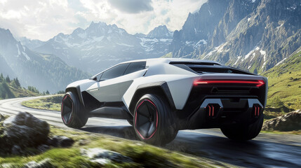 Naklejka premium Futuristic sports SUV driving through scenic mountain road. Concept of modern car, high-performance vehicle, luxury automotive design, adventure travel, speed, power, innovation, scenic drive