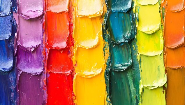 Close-Up of Vibrant Oil Painting Layers in Rainbow Gradient, Textured and Colorful Depth, Yellow Background