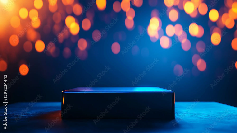 Poster abstract geometric podium with bokeh lights for modern display design