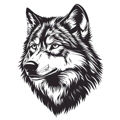 Naklejka premium Highly Detailed Black and White Vector Illustration of a Wolf's Head