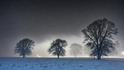 Star trails illuminating snowy field and bare trees in foggy night