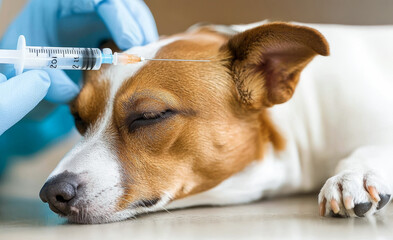 Veterinarian Giving Injection to Sleeping Jack Russell Terrier Dog in Clinic. Concept of Pet Healthcare, Animal Vaccination, Veterinary Treatment, Disease Prevention, Professional Pet Care