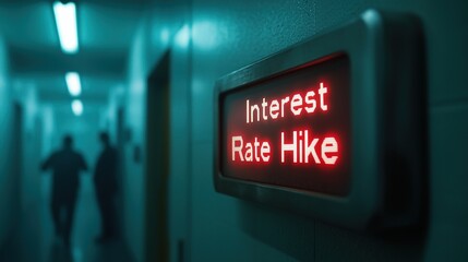 Sign indicating interest rate hike in a dimly lit hallway during financial discussions
