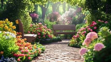 Obraz premium Colorful flowers surrounding garden pathway under tree canopy high resolution picture
