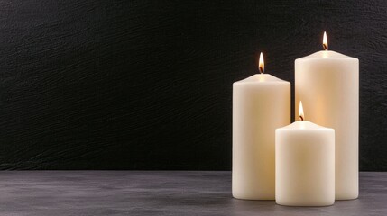 Three white candles on dark surface