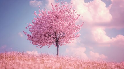 Naklejka premium Stunning Cherry Blossom Tree in Full Bloom Against Vast Sky