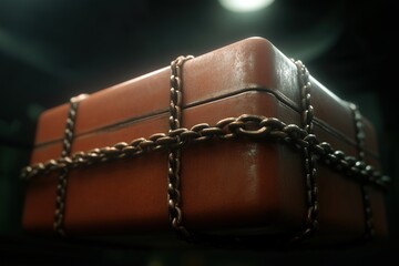 Mysterious brown box secured with chains hangs in dimly lit environment, evoking curiosity and suspense