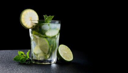 Refreshing mojito cocktail served in a glass with lime slices, fresh mint, and ice cubes. The beverage is beautifully displayed against a dark background for a visually stunning presentation