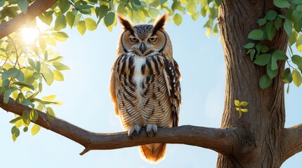 Fototapeta premium A majestic owl perched on a tree branch in sunlight.