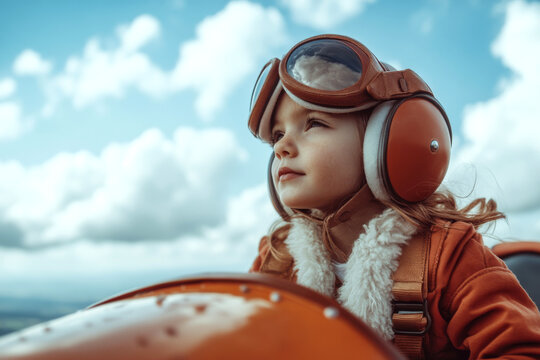 A child wearing aviator goggles and a shearling jacket looks into the distance against a cloudy sky backdrop.