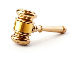 Singular Golden Gavel on Crisp White Canvas, Signifying Justice and Authority