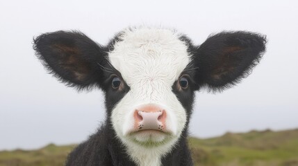 Fototapeta premium Curious black and white calf looking directly at the camera in a grassy pasture.