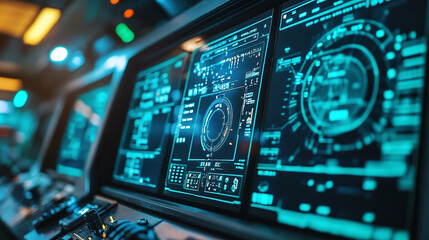 Fototapeta premium Futuristic command center with glowing interfaces.