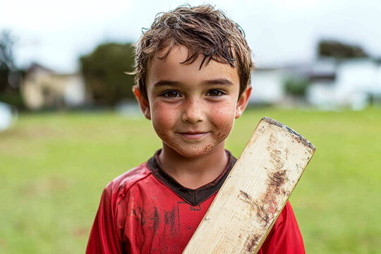 A young boy with muddy cheeks holds a cricket bat, standing on a grassy field while wearing a red shirt.
