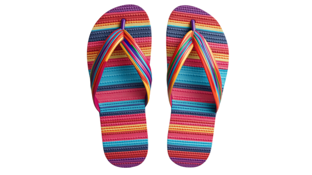 Colorful flip-flops with striped pattern, perfect for beach or poolside, isolated on white background, PNG format, top view