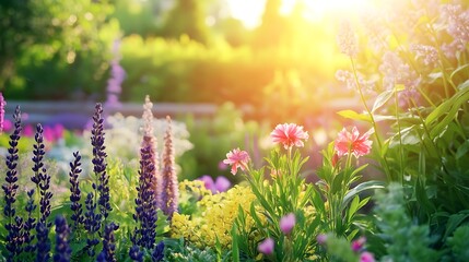 Naklejka premium Vibrant flowers on pathway under dappled sunlight high resolution picture