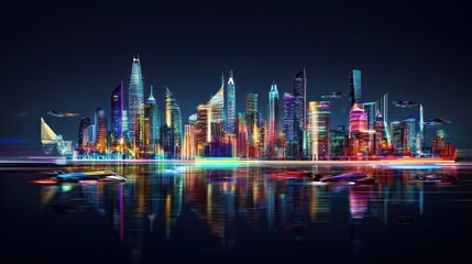 Fototapeta premium Futuristic cityscape at night, reflected in water, with vibrant lights and flying vehicles.
