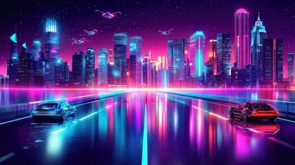 Obraz premium Retro futuristic cityscape at night with neon lights, flying vehicles, and cars on a highway.