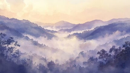 Obraz premium Misty mountain landscape featuring trees and a beautiful golden sky