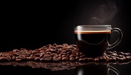 A steaming cup of coffee rests on a plate surrounded by coffee beans against a dark background, evoking warmth and a sense of morning indulgence, isolated on black background.