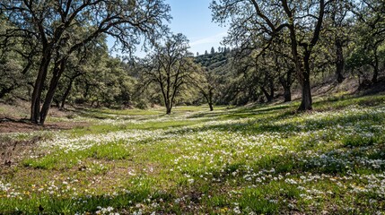 Sunny meadow with wildflowers and oak trees.