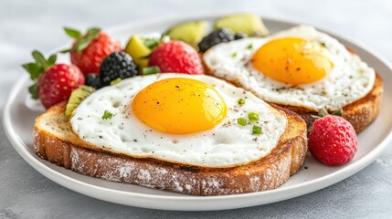 Fototapeta premium A vibrant breakfast plate featuring fried eggs on toasted bread complemented by various fresh berries, promising a healthy and delicious start to the day.
