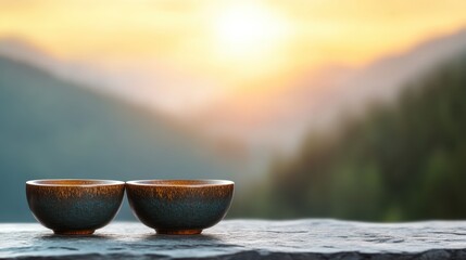 Two stunning bowls captured against a breathtaking sunset, symbolizing elegance and creativity while inviting viewers to appreciate their artistry and nature's beauty.