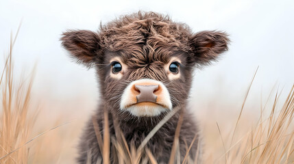 Obraz premium Highland calf in tall grass, meadow, cute, nature, farm animal
