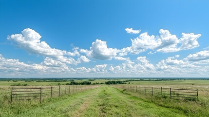 Fototapeta premium Ranch pathway, summer sky, green fields, pastoral landscape, travel
