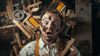 Shocked carpenter in the middle of chaotic woodwork explosion with flying debris