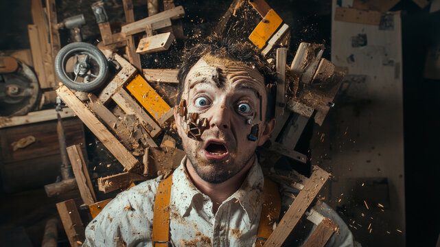 Shocked carpenter in the middle of chaotic woodwork explosion with flying debris