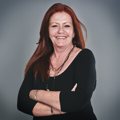 Smile, business and woman for portrait in studio of pride, career ambition and designer experience....