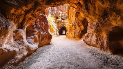 Sunlight Filters Through Narrow Rock Formations in Desert Canyon