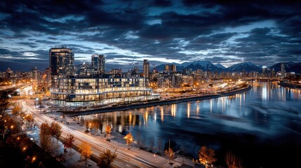 Fototapeta premium Cityscape twilight riverfront lights mountains