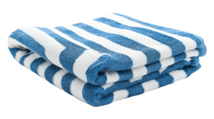 Soft beach towel with blue and white stripes, folded neatly, isolated on white background, PNG format, top view