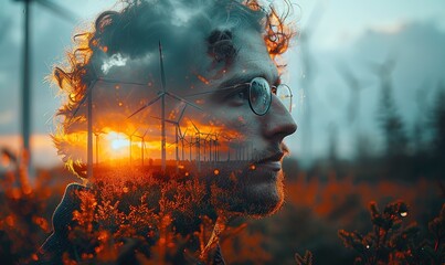 double exposure, person engineer in a hard hat on the background of wind turbines