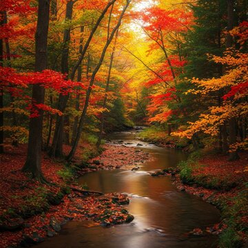 Fiery Autumn Canopy Over a Gentle River