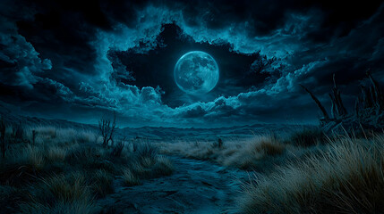 Full moon over desert path at night