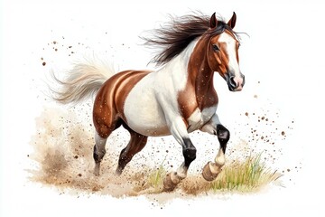 Obraz premium Brown and white horse is running through a field of dirt