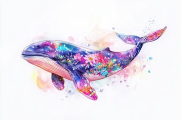 Colorful Floral Whale Illustration with Whimsical Watercolor Background