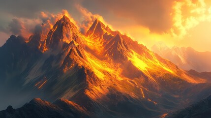 Fototapeta premium Golden Sunset Illuminates Jagged Mountain Peaks In Stunning Landscape