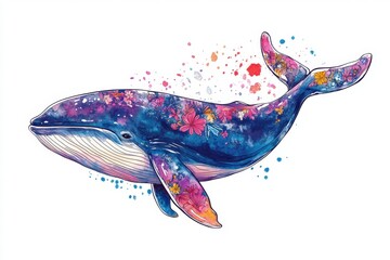 Majestic Cosmic Whale Surrounded by Vibrant Floral Patterns and Colors